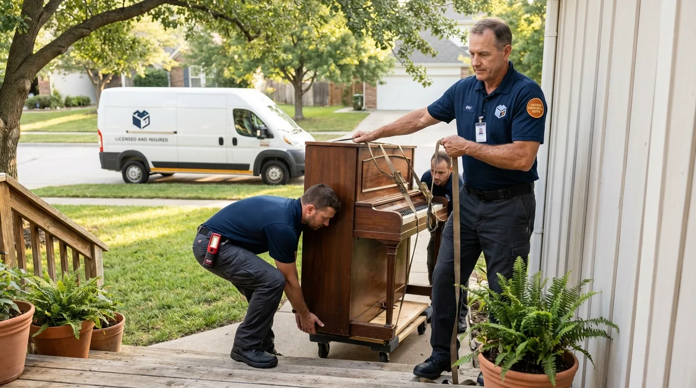 Licensed piano movers securing grand piano in Washougal, WA