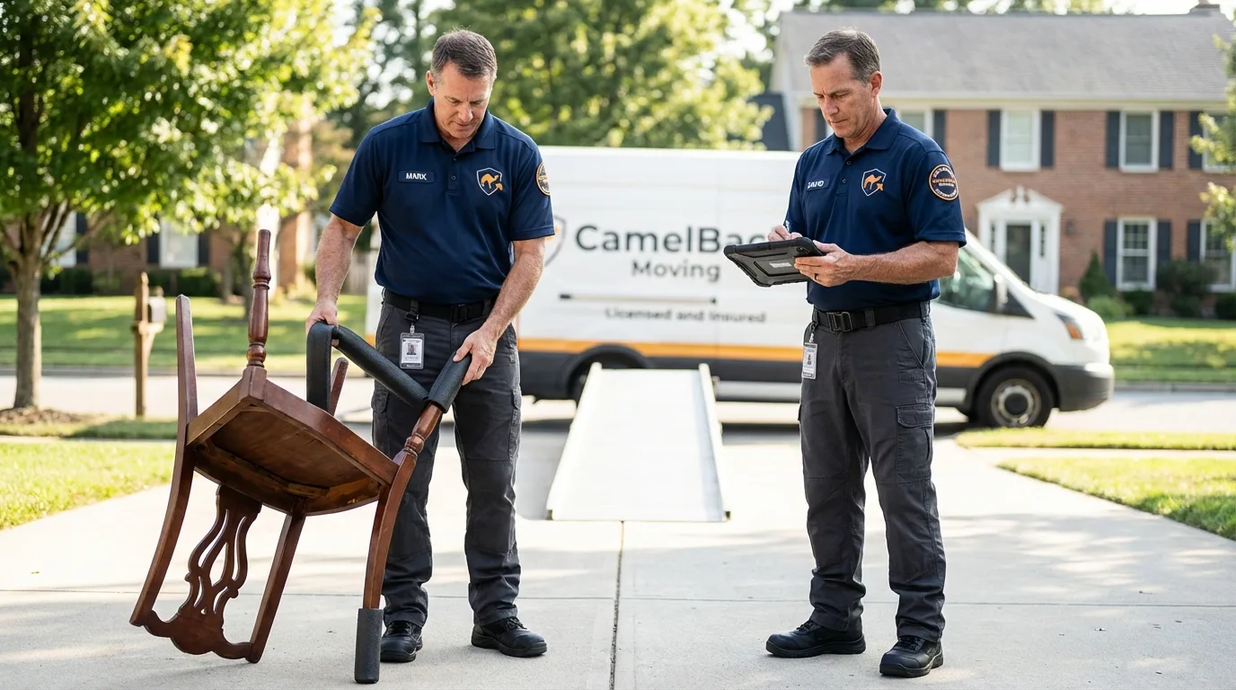 Movers inspecting furniture for damage prevention before loading in Washougal, WA