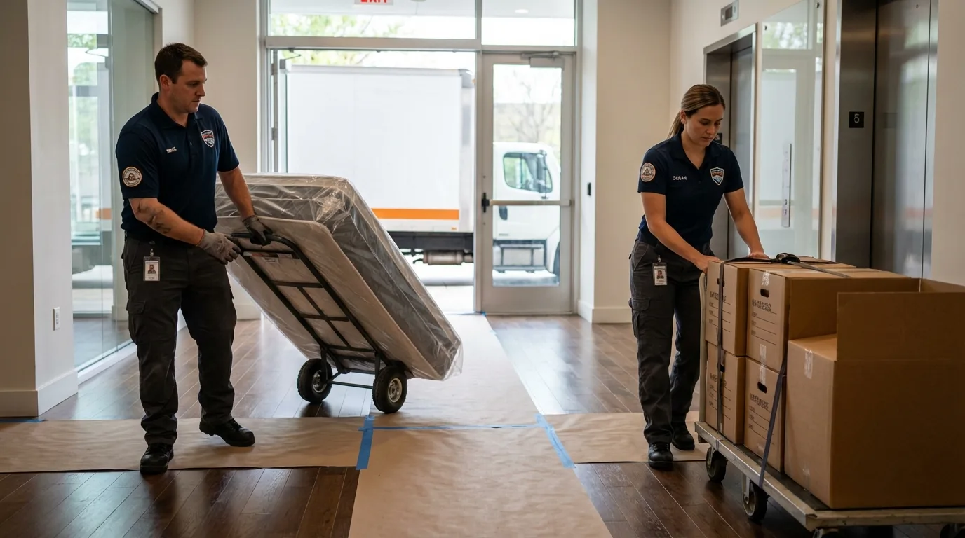 Professional apartment movers loading elevator in Washougal, WA