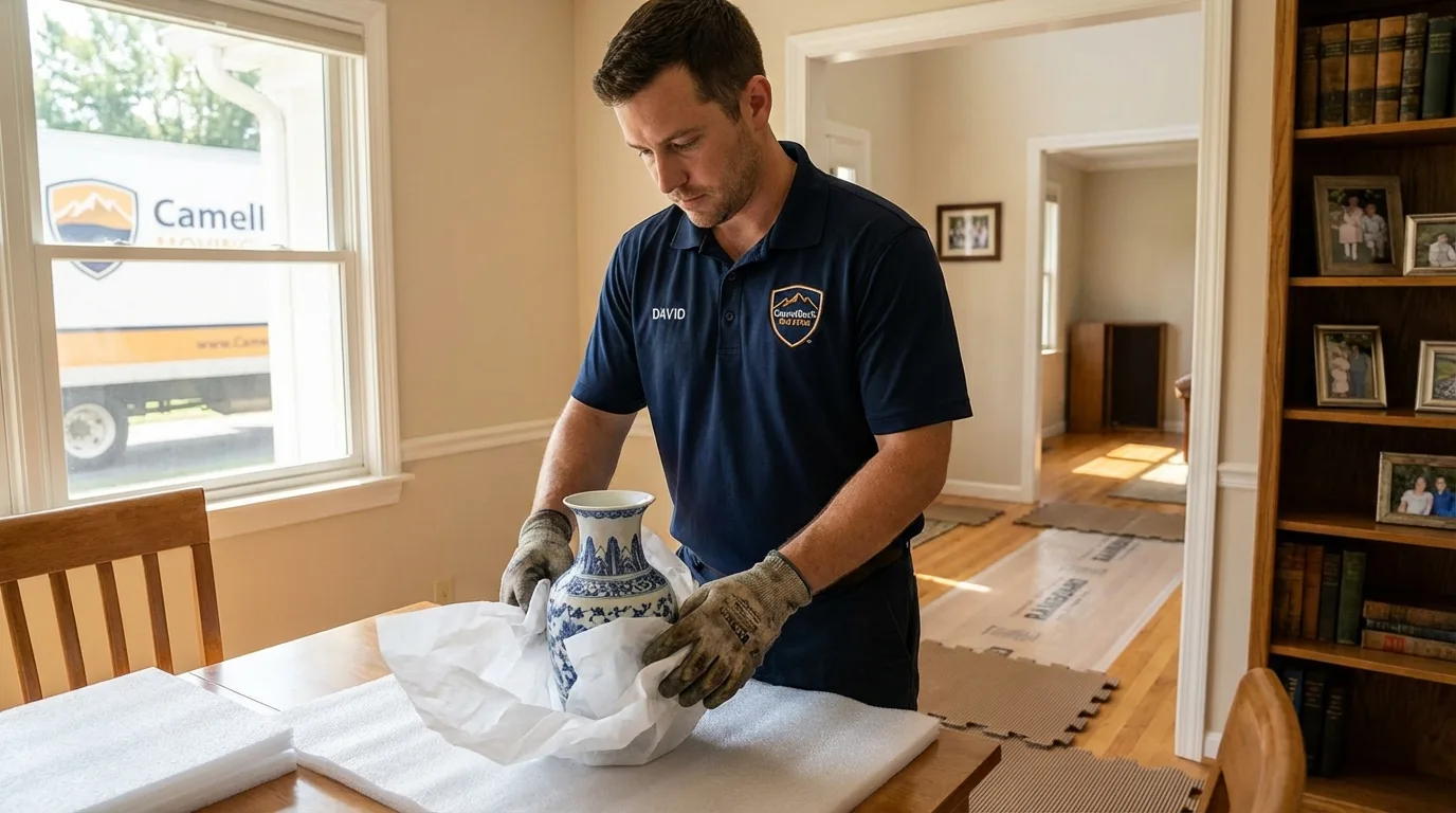 Professional crew carefully wrapping antique vase for senior downsizing move in Washougal, WA